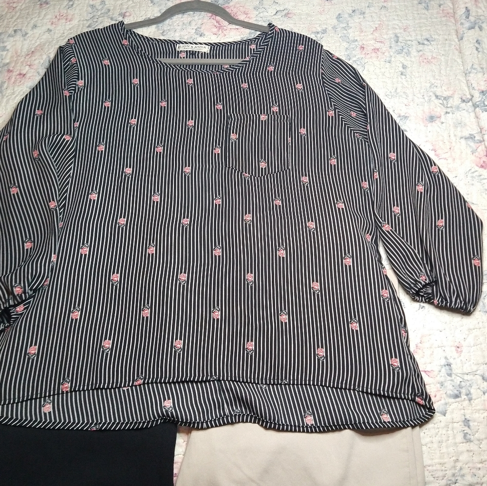 Jon & Ana Contemporary, size Large, black and white pinstripe with floral print